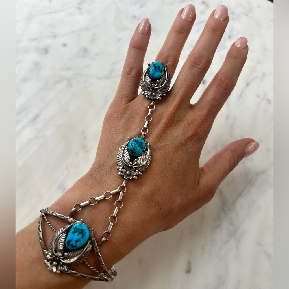 RARE VINTAGE NAVAJO 3 MORENCI TURQUOISE STERLING SILVER SLAVE BRACELET